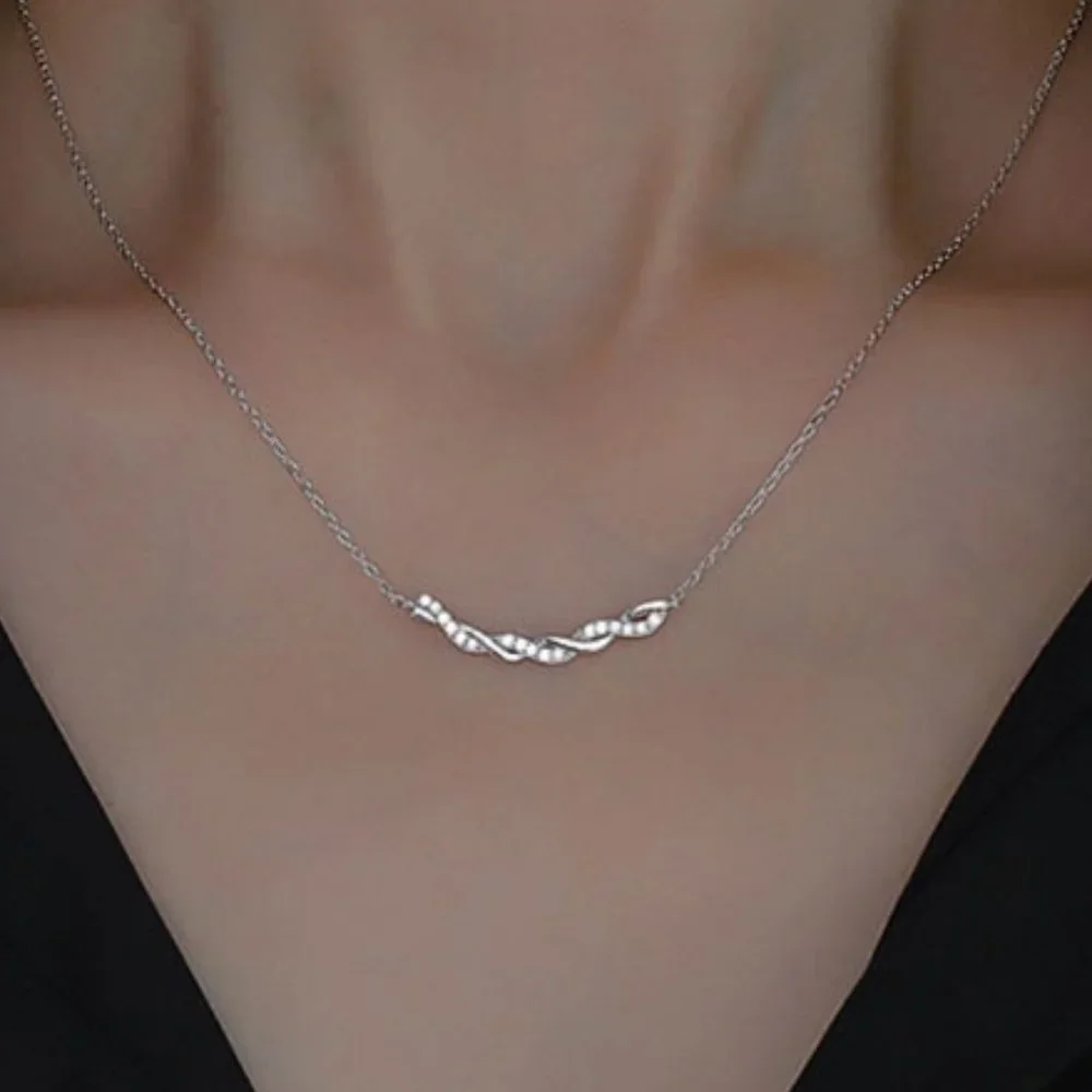 #NEW 925 Sterling Silver Diamond Braided Wave Necklace